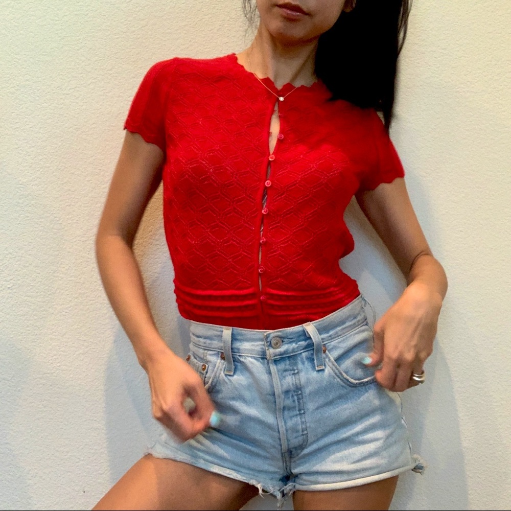 Carolina Herrera Cherry Red Cashmere Short Sleeve Knit Cardigan